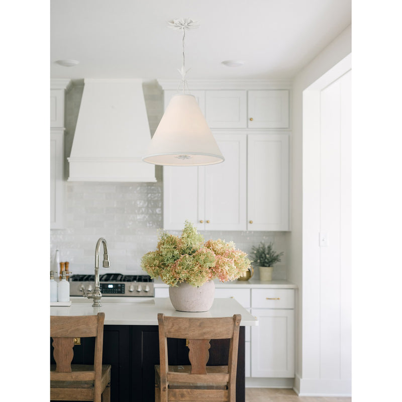 Broche 4 Light 18" Pendant in Matte White in a room setting