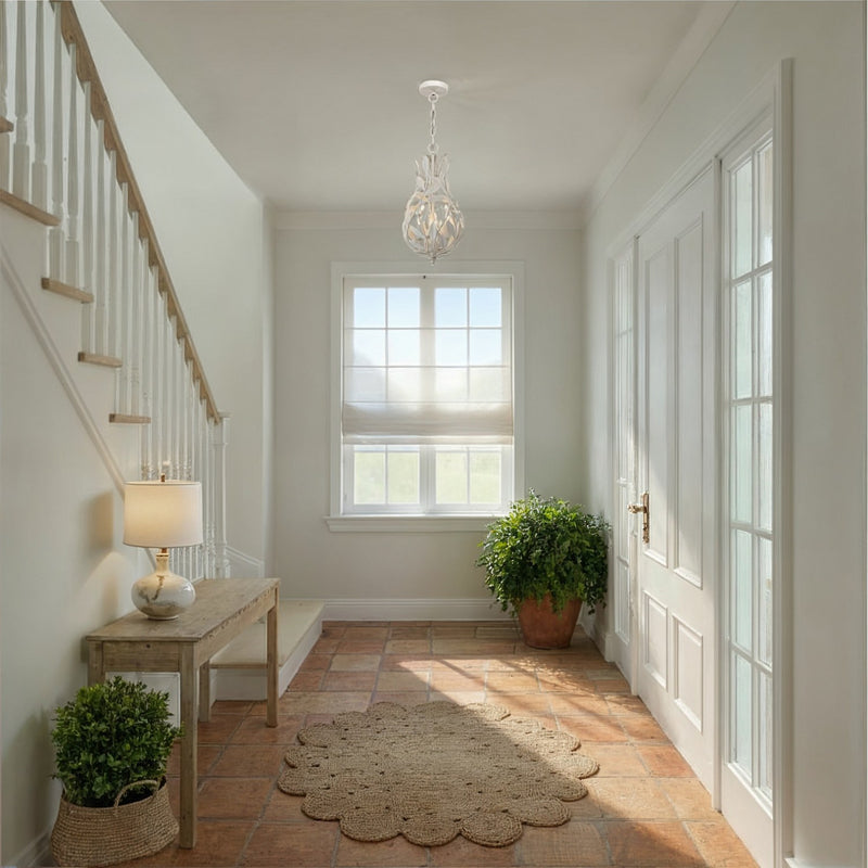 Broche 3 Light 9" Chandelier in Matte White in a room setting