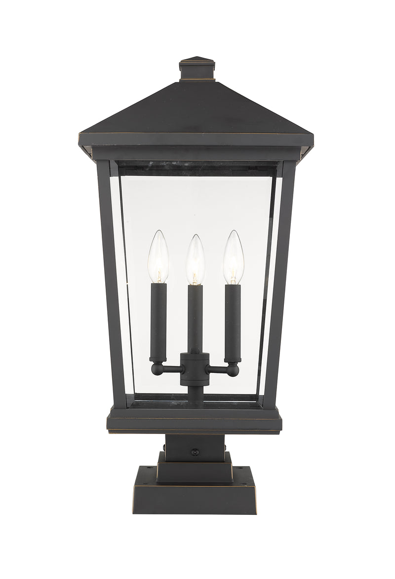 Beacon 3 Light 12" Outdoor Post Mount Fixture in Oil Rubbed Bronze, Square Pier Mount