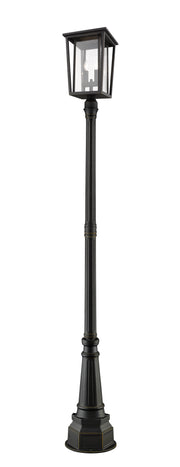 Seoul 2 Light 11.25" Outdoor Post Mount Fixture in Oil Rubbed Bronze, 84" Post, 14" Base