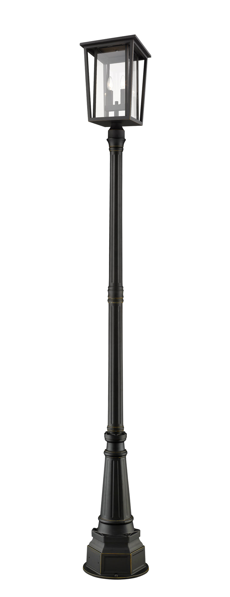 Seoul 2 Light 11.25" Outdoor Post Mount Fixture in Oil Rubbed Bronze, 84" Post, 14" Base