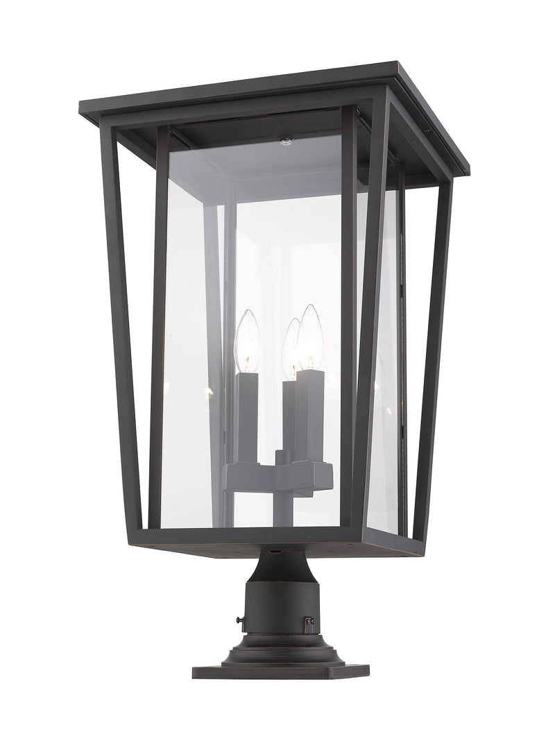 Seoul 3 Light 14" Outdoor Post Mount Fixture in Oil Rubbed Bronze, Pier Mount, 6" Base