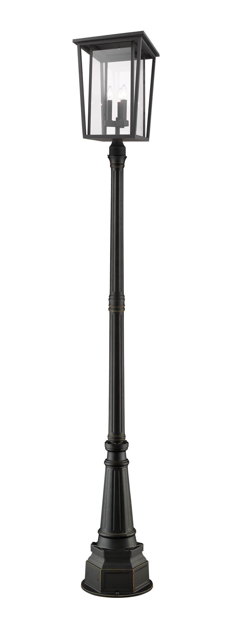 Seoul 3 Light 14" Outdoor Post Mount Fixture in Oil Rubbed Bronze, 84" Post, 14" Base