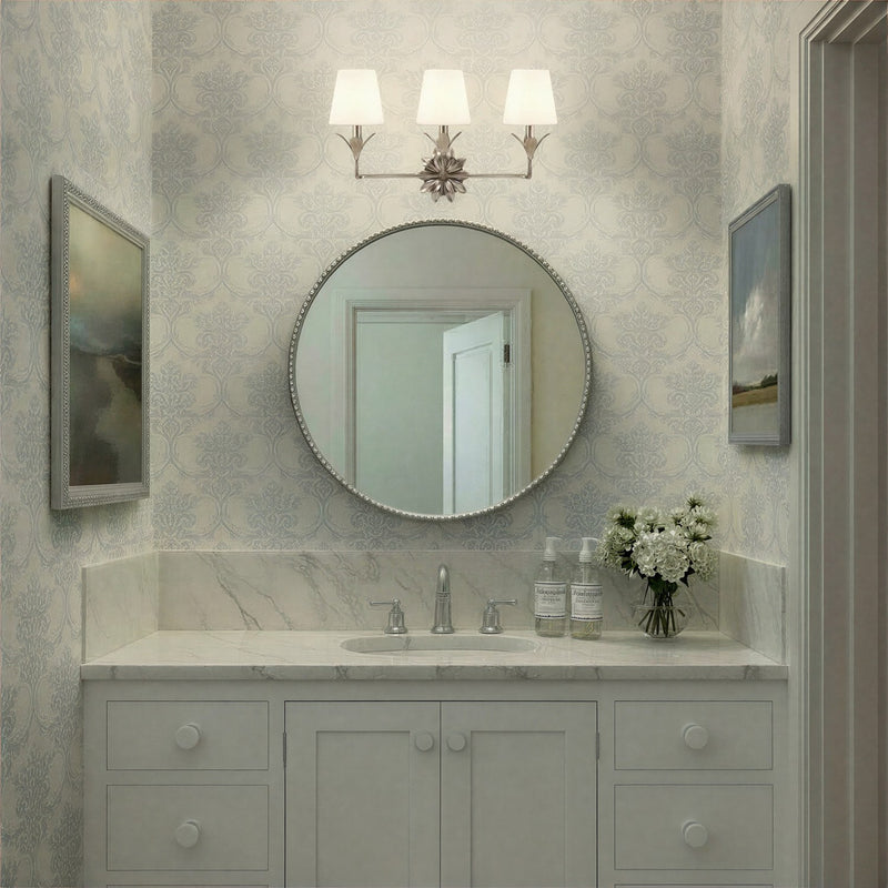 Broche 3 Light 25" Bathroom Vanity in Antique Silver in a room setting