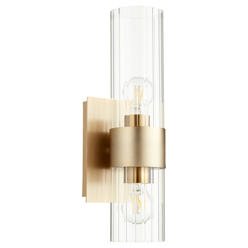 2 Light Clear Fluted Glass Wall Sconce in Aged Brass