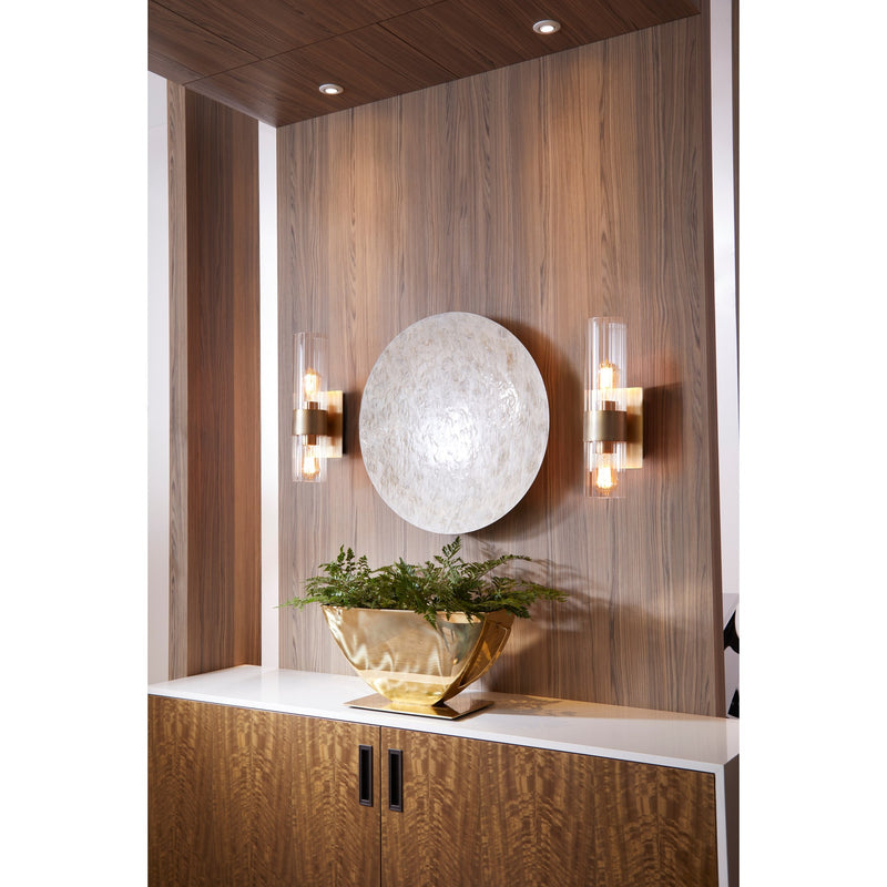 2 Light Clear Fluted Glass Wall Sconce in Aged Brass