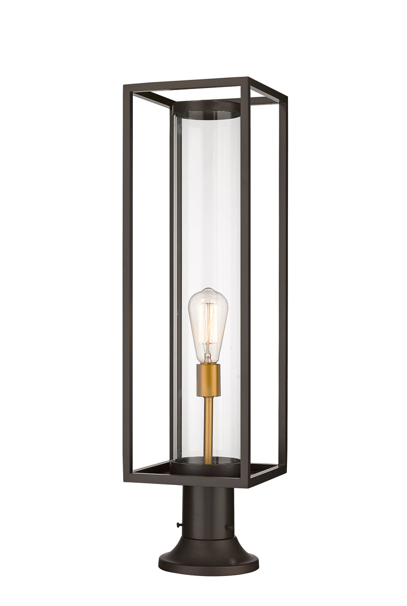 Dunbroch 1 Light 8" Outdoor Post Mount Fixture, 27.75" Tall Lantern in Deep Bronze + Outdoor Brass, Pier Mount, 6.25" Base