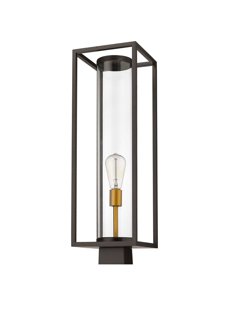 Dunbroch 1 Light 8" Outdoor Post Mount Fixture, 27.75" Tall Lantern in Deep Bronze + Outdoor Brass, Post Top Only, Square Fitter