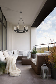 Marlow 6 Light 27.5" Outdoor Chandelier in Matte Black in a room setting