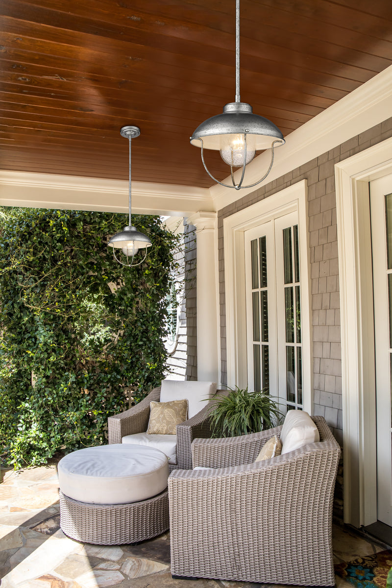 Ansel 1 Light 11" Outdoor Pendant in Galvanized in a room setting