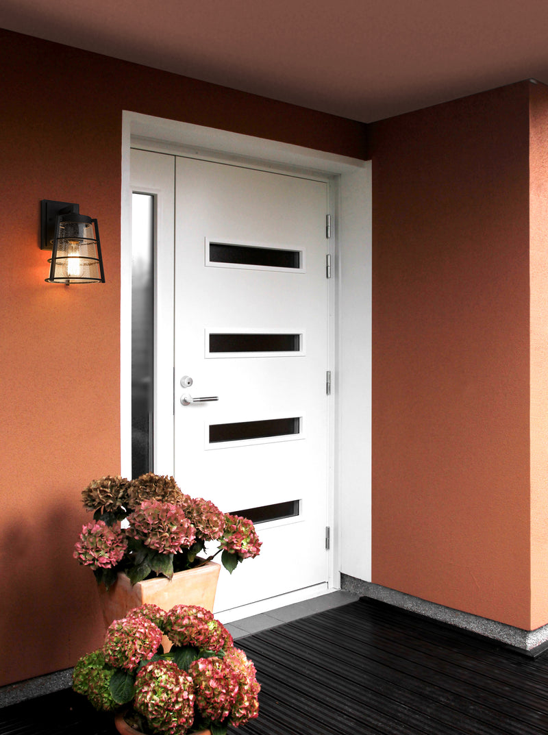 Helix 1 Light 6" Outdoor Wall Light, 9.25" Tall in Black in a room setting