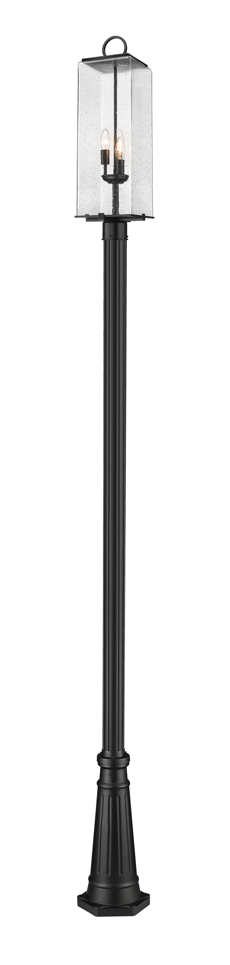 Sana 3 Light 8.25" Outdoor Post Mount Fixture, 26.5" Tall Lantern, Clear Seedy Glass in Standard, 96" Cast Post, 10" Base