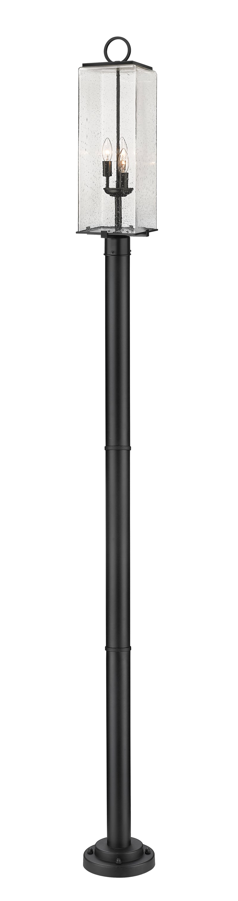 Sana 3 Light 8.25" Outdoor Post Mount Fixture, 26.5" Tall Lantern, Clear Seedy Glass in Clear Seedy, 76" Cast Post, 9" Base
