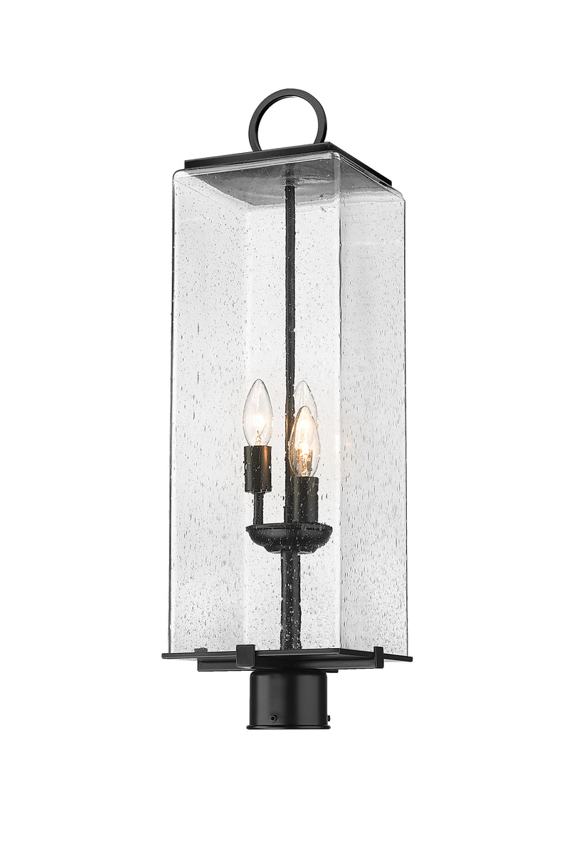 Sana 3 Light 8.25" Outdoor Post Mount Fixture, 26.5" Tall Lantern, Clear Seedy Glass in Clear Seedy, Post Top Only, Round Fitter
