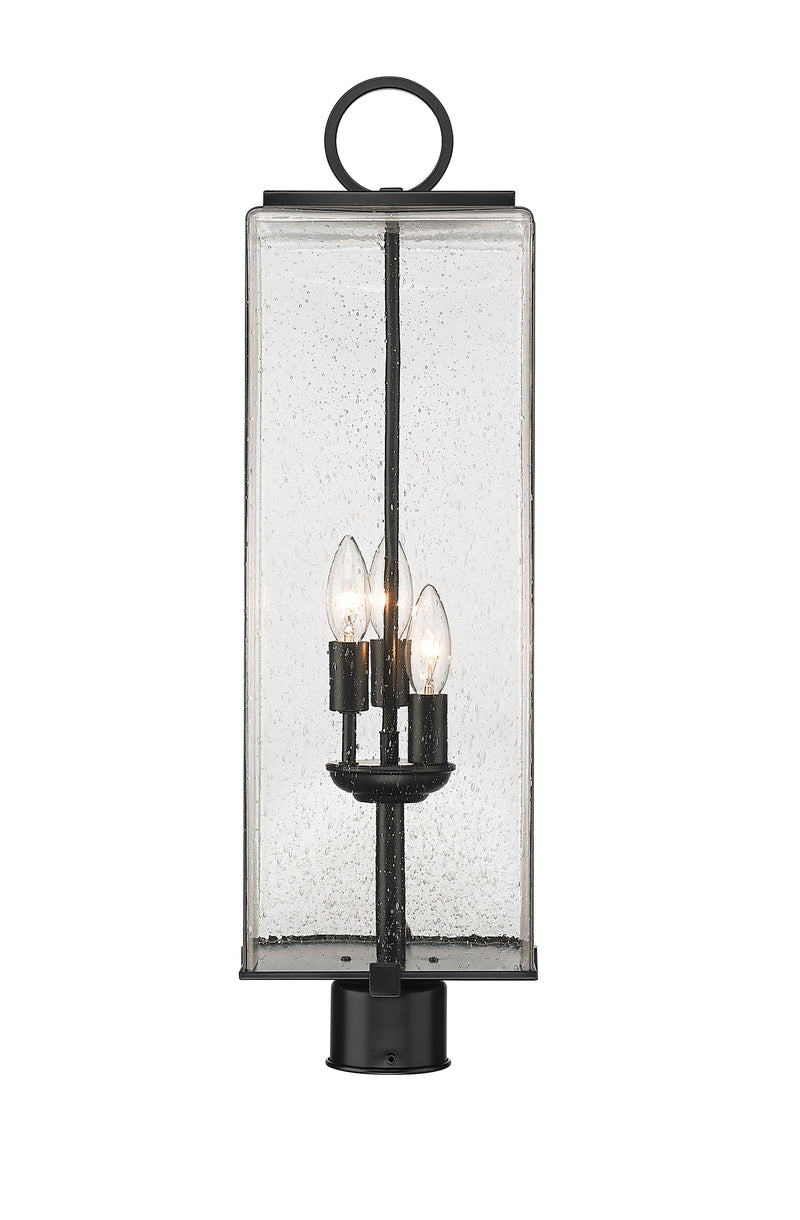 Sana 3 Light 8.25" Outdoor Post Mount Fixture, 26.5" Tall Lantern, Clear Seedy Glass in Clear Seedy, Post Top Only, Round Fitter