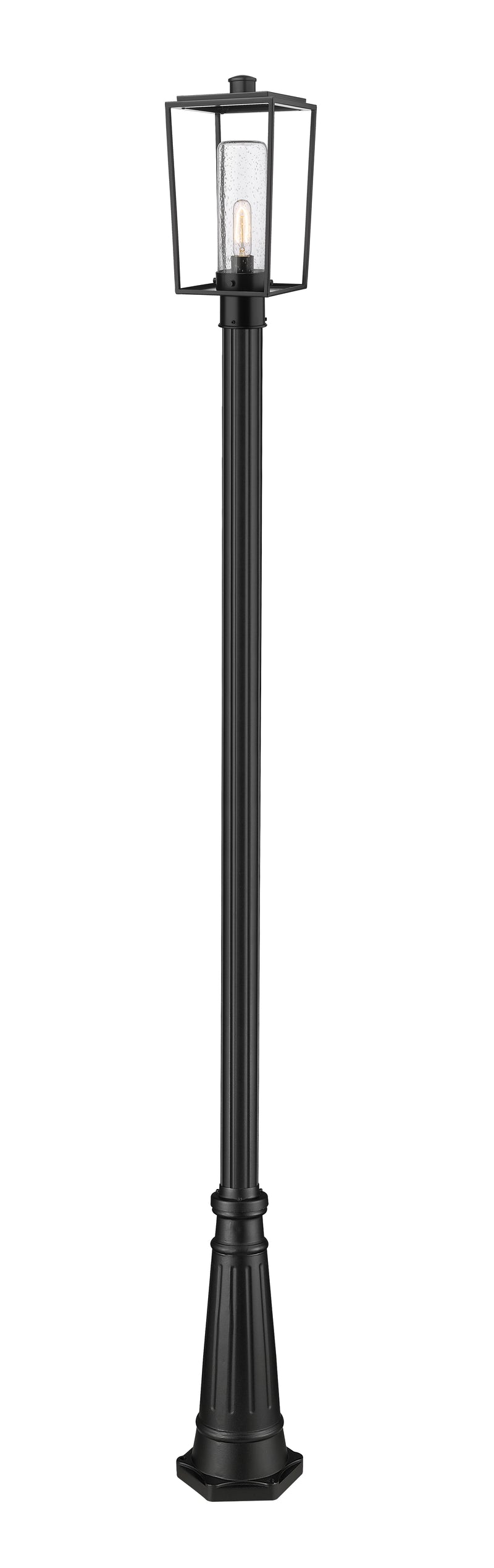 Sheridan 1 Light 8" Outdoor Post Mount Fixture, 17.5" Tall Lantern, Clear Seedy Glass in Clear Seedy, 96" Cast Post, 10" Base