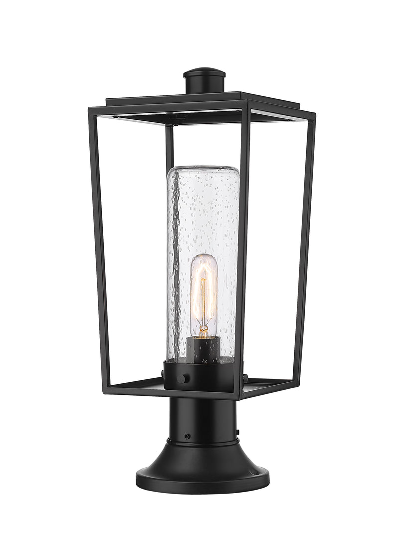 Sheridan 1 Light 8" Outdoor Post Mount Fixture, 17.5" Tall Lantern, Clear Seedy Glass in Clear Seedy, Pier Mount, 6.25" Base