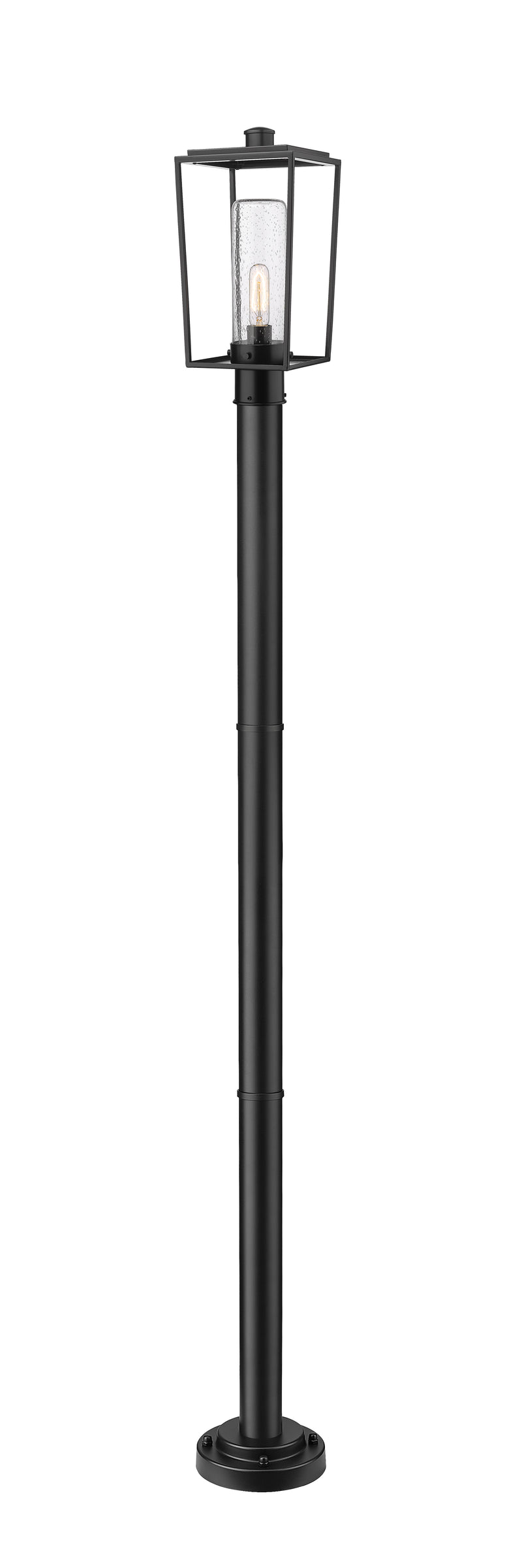 Sheridan 1 Light 8" Outdoor Post Mount Fixture, 17.5" Tall Lantern, Clear Seedy Glass in Standard, 76" Cast Post, 9" Base