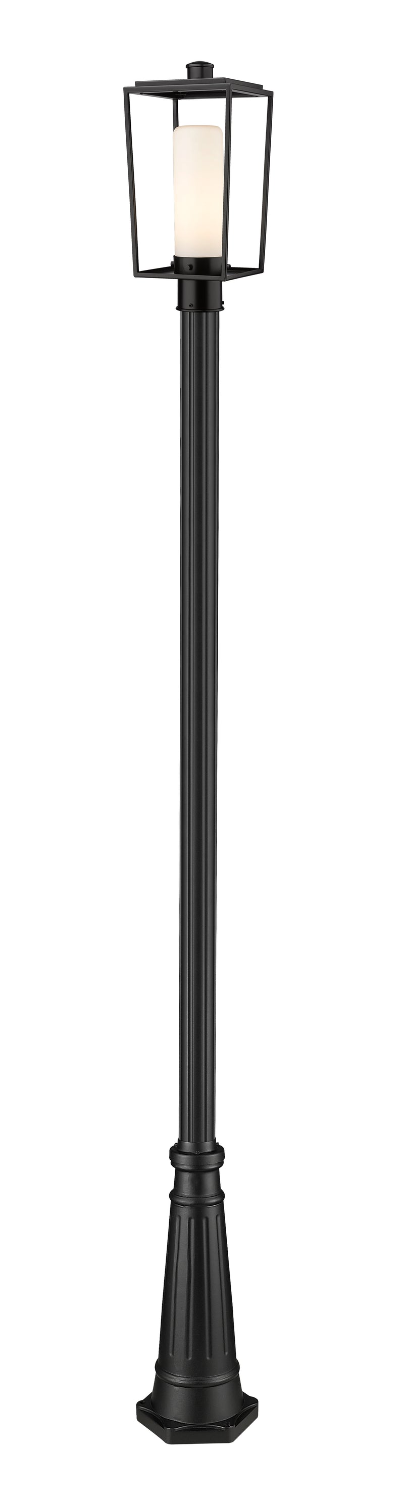 Sheridan 1 Light 8" Outdoor Post Mount Fixture, 17.5" Tall Lantern, White Opal Glass in White Opal, 96" Cast Post, 10" Base