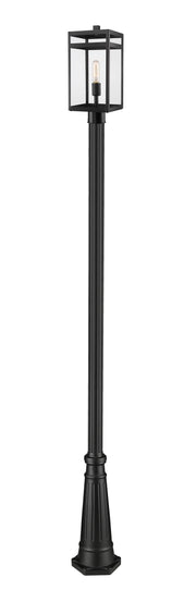 Nuri 1 Light 7.5" Outdoor Post Mount Fixture, 17.75" Tall Lantern in Black, 96" Cast Post, 10" Base