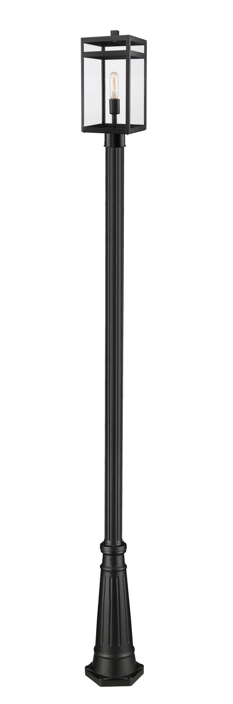 Nuri 1 Light 7.5" Outdoor Post Mount Fixture, 17.75" Tall Lantern in Black, 96" Cast Post, 10" Base