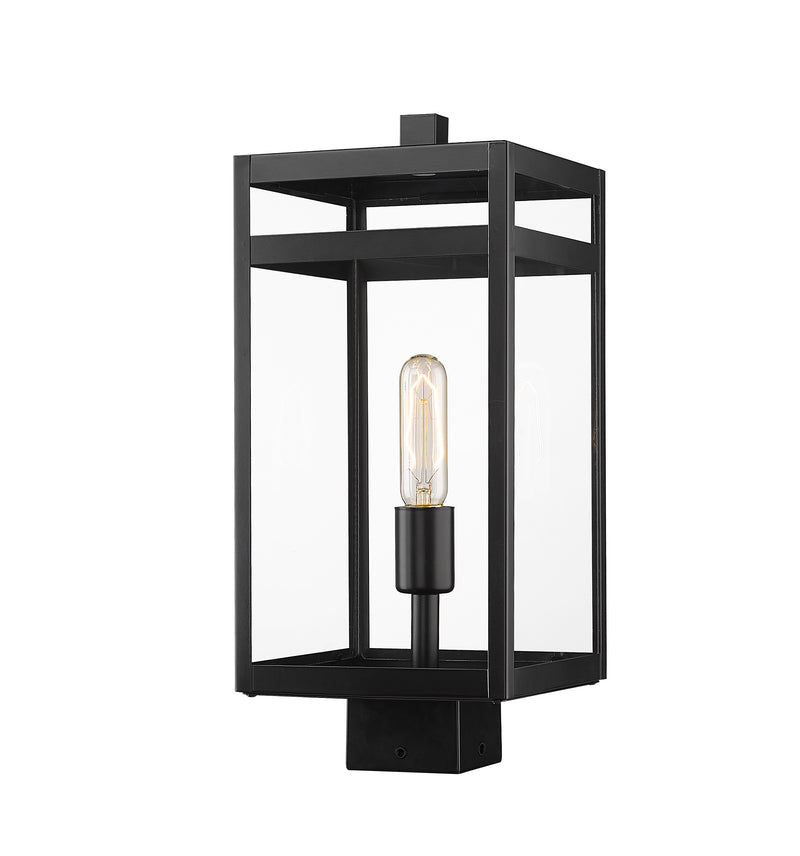 Nuri 1 Light 7.5" Outdoor Post Mount Fixture, 17.75" Tall Lantern in Black, Post Top Only, Square Fitter
