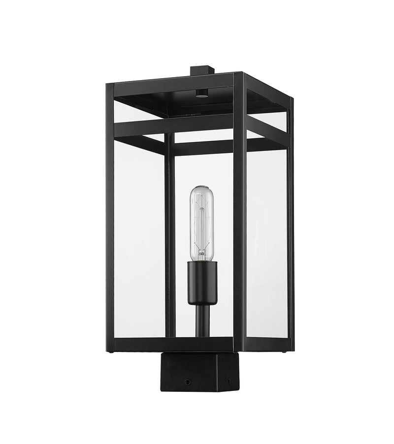 Nuri 1 Light 7.5" Outdoor Post Mount Fixture, 17.75" Tall Lantern in Black, Post Top Only, Square Fitter