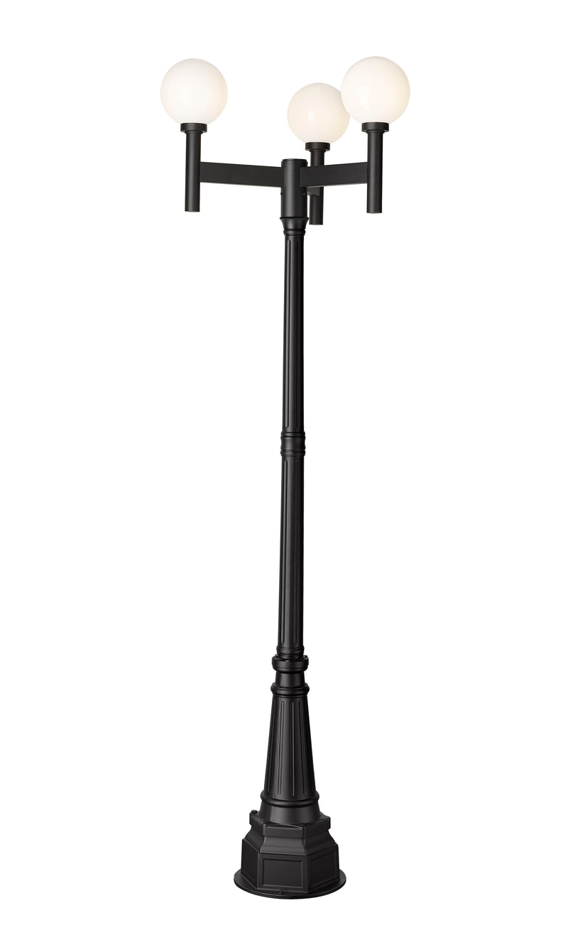 Laurent 3 Light 30" Outdoor Post Mount Fixture, 18" Tall Lantern, White Opal Glass in Black, 84" Post, 14" Base