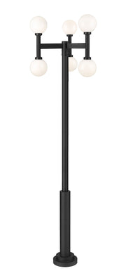 Laurent 6 Light 30" Outdoor Post Mount Fixture, 27" Tall Lantern, White Opal Glass in Black, 96" Post, 12" Base