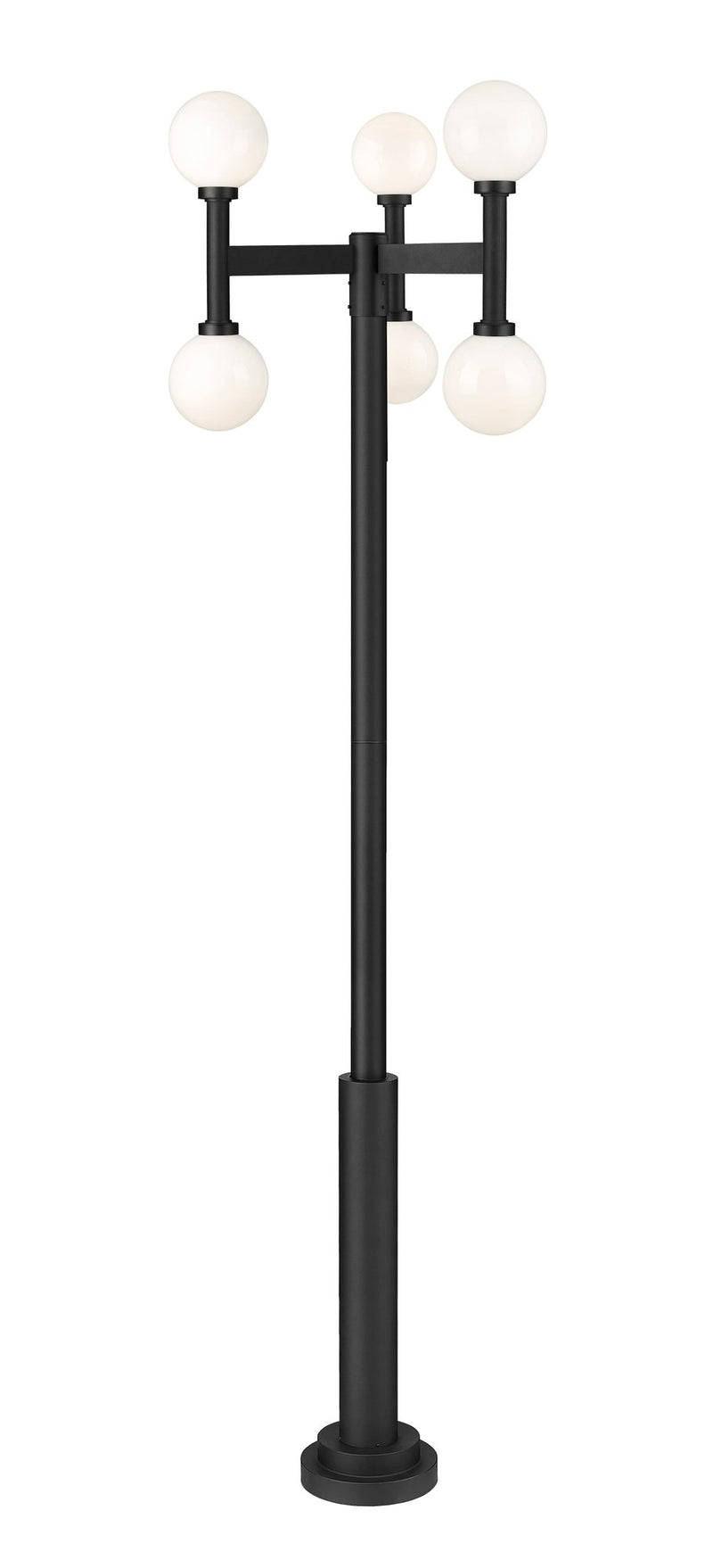 Laurent 6 Light 30" Outdoor Post Mount Fixture, 27" Tall Lantern, White Opal Glass in Black, 96" Post, 12" Base