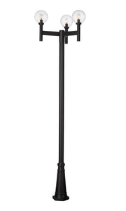 Laurent 3 Light 30" Outdoor Post Mount Fixture, 18" Tall Lantern, Clear Seedy Glass in Clear Seedy, 96" Cast Post, 10" Base