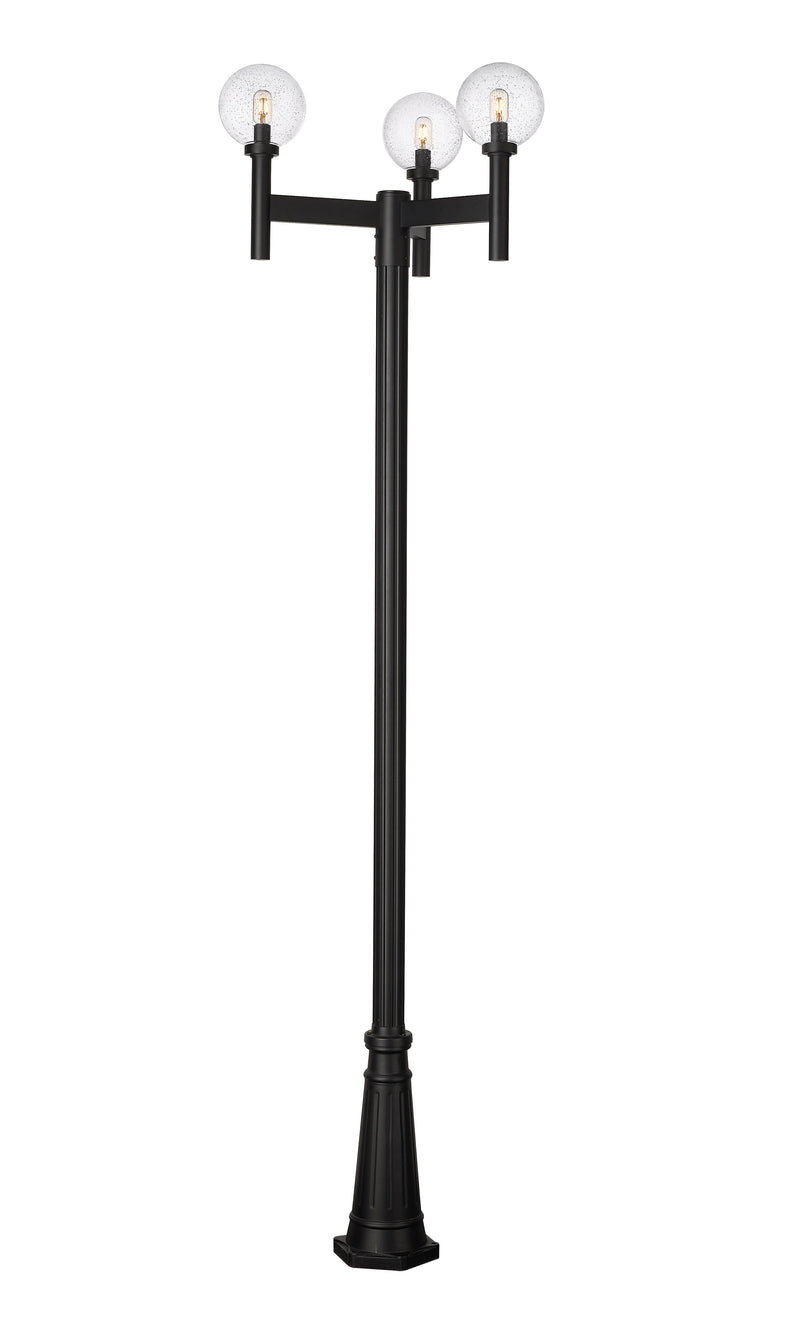 Laurent 3 Light 30" Outdoor Post Mount Fixture, 18" Tall Lantern, Clear Seedy Glass in Clear Seedy, 96" Cast Post, 10" Base