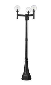 Laurent 3 Light 30" Outdoor Post Mount Fixture, 18" Tall Lantern, Clear Seedy Glass in Black, 84" Post, 14" Base