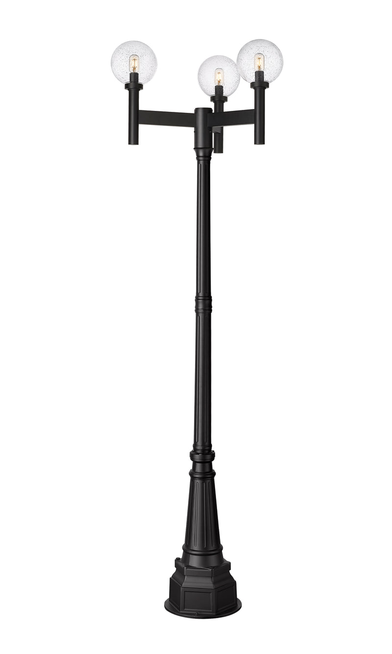Laurent 3 Light 30" Outdoor Post Mount Fixture, 18" Tall Lantern, Clear Seedy Glass in Black, 84" Post, 14" Base