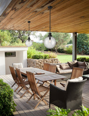 Laurent 1 Light 12" Outdoor Pendant, Clear Seedy Shade in Black in a room setting