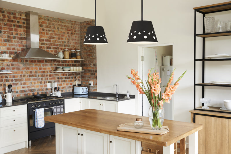 Katie 1 Light 12" Pendant in Matte Black in a room setting