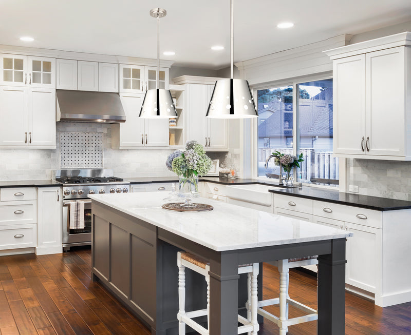 Katie 1 Light 12" Pendant in Polished Nickel in a room setting
