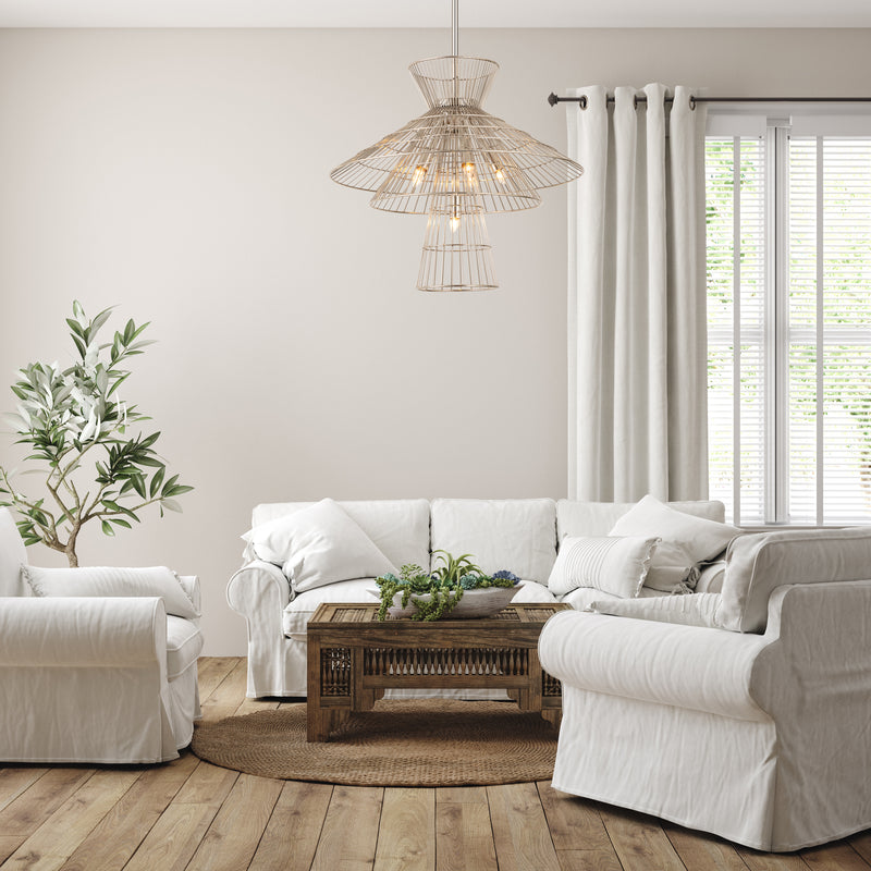 Alito 6 Light 25" Pendant in Polished Nickel in a room setting