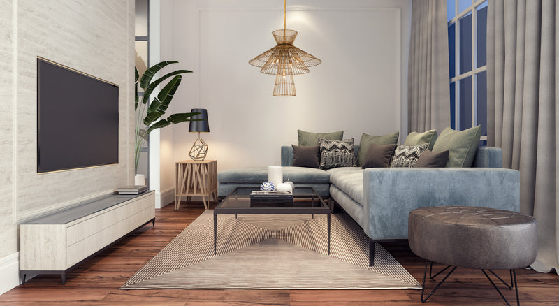 Alito 6 Light 25" Pendant in Rubbed Brass in a room setting