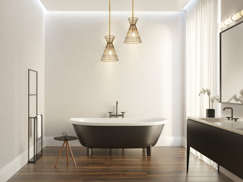 Alito 1 Light 11" Pendant in Rubbed Brass in a room setting