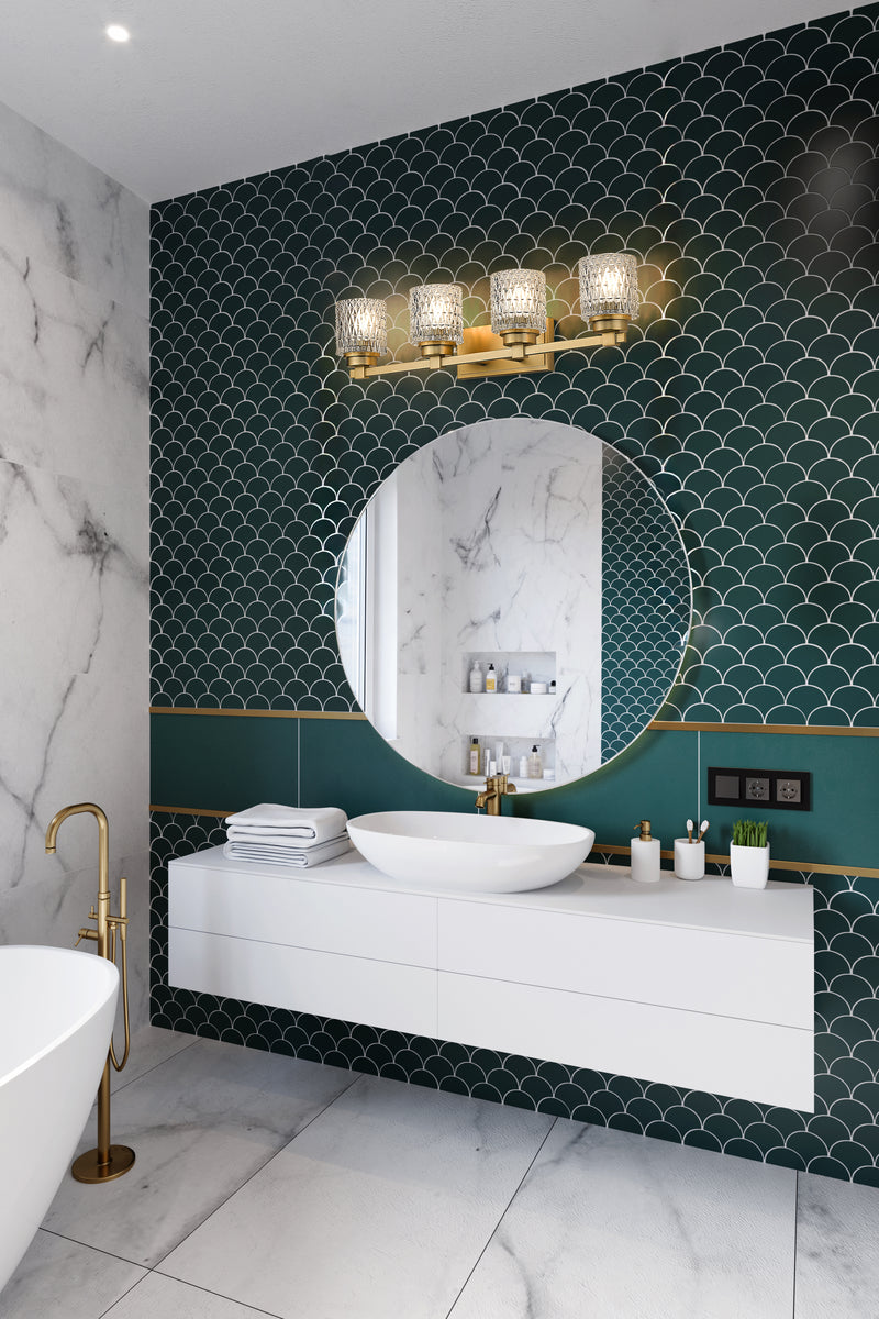 Jacqueline 4 Light 31.5" Vanity in Modern Gold in a room setting