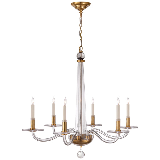 robinson2 Six Light Chandelier in Antique Brass and Clear Glass