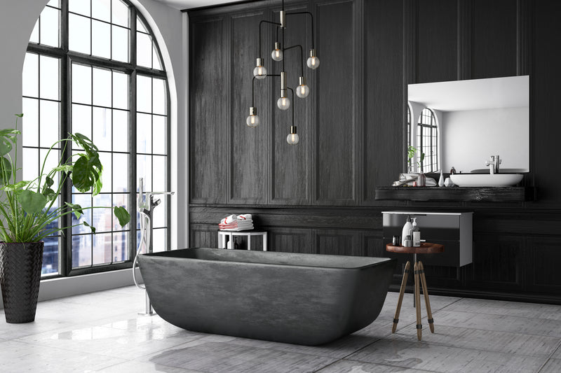 Neutra 7 Light 22.5" Chandelier in Matte Black + Polished Nickel in a room setting