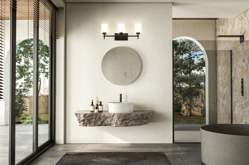 Cadoc 3 Light 23.5" Vanity in Matte Black in a room setting