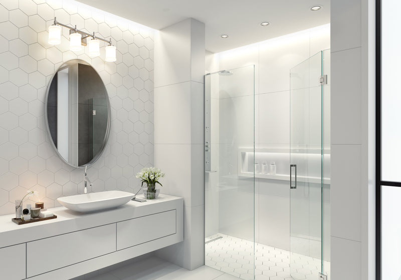 Cadoc 4 Light 31.5" Vanity in Brushed Nickel in a room setting