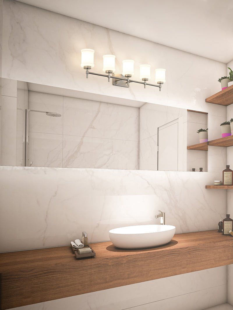Cadoc 5 Light 40.5" Vanity in Brushed Nickel in a room setting