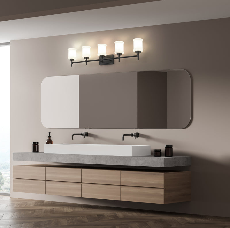Cadoc 5 Light 40.5" Vanity in Matte Black in a room setting