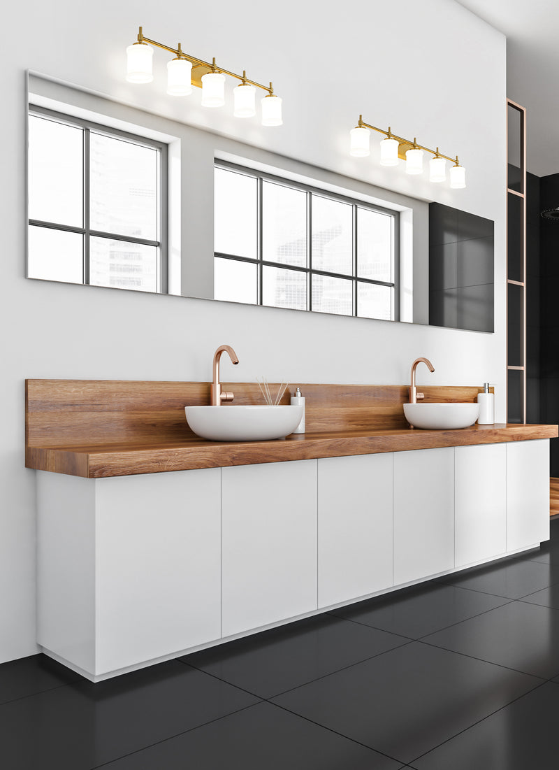 Cadoc 5 Light 40.5" Vanity in Modern Gold in a room setting