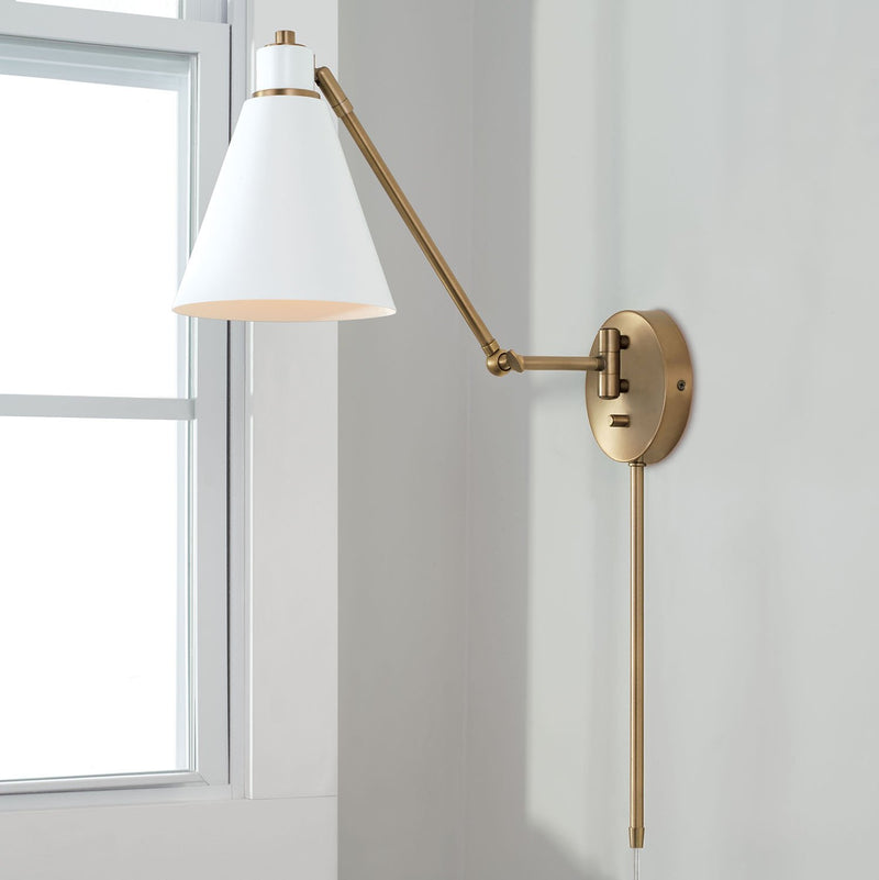 Bradley Swing Arm Wall Lamp in Aged Brass and White
