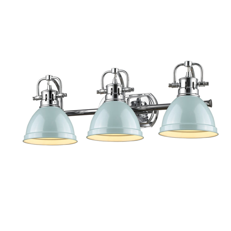 Duncan 3-Light Bath Vanity in Chrome with Seafoam Shades